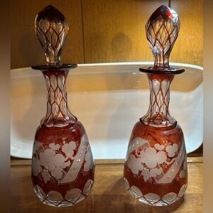 Pair of lovely Vintage/antique Bohemian Czech ruby red and clear glass bottles